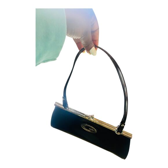 Guess Womens G Goldware Logo Kiss Lock Hobo Leather Black Shoulder Bag Y2K 2000 - Picture 7 of 12